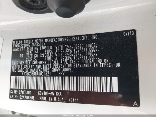 44872454 :رقم المزاد ، 4T3ZK3BB0AU031621 vin ، 2010 Toyota Venza Base V6 مزاد بيع
