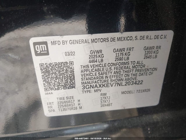 44872461 :رقم المزاد ، 3GNAXKEV7NL203422 vin ، 2022 Chevrolet Equinox Fwd Lt مزاد بيع