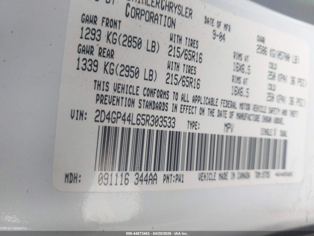 Продажа на аукционе авто 2005 Dodge Grand Caravan Sxt, vin: 2D4GP44L65R303533, номер лота: 44872463