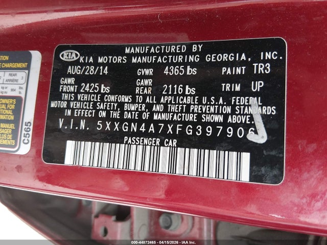 Продаж на аукціоні авто 2015 Kia Optima Ex, vin: 5XXGN4A7XFG397906, номер лоту: 44872465