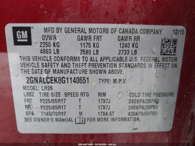 Aukcja sprzedaży 2016 Chevrolet Equinox Lt, vin: 2GNALCEK8G1140651, numer aukcji: 44872469