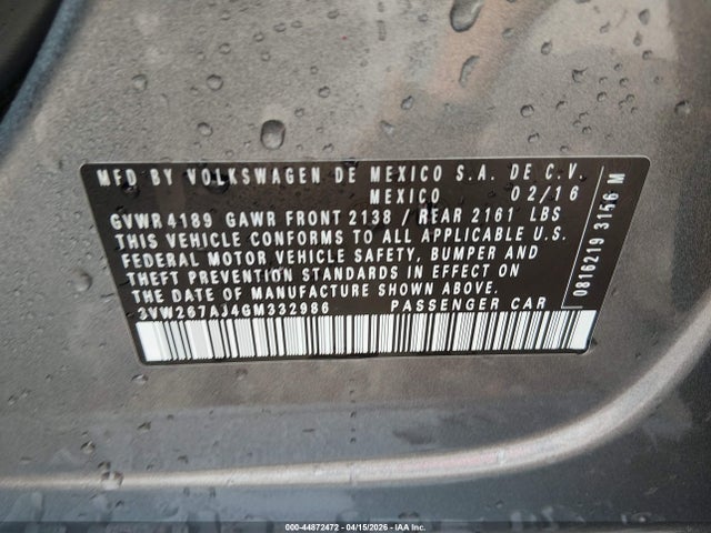 2016 Volkswagen Jetta 1.4t S მანქანა იყიდება აუქციონზე, vin: 3VW267AJ4GM332986, აუქციონის ნომერი: 44872472