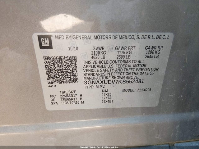 Продажа на аукционе авто 2019 Chevrolet Equinox Lt, vin: 3GNAXUEV7KS552481, номер лота: 44872484