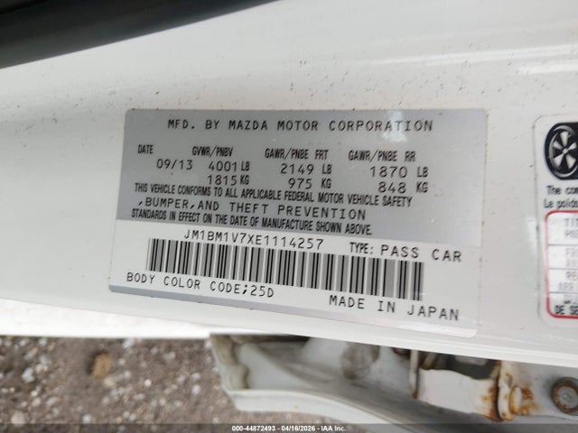 44872493 :رقم المزاد ، JM1BM1V7XE1114257 vin ، 2014 Mazda Mazda3 I Touring مزاد بيع