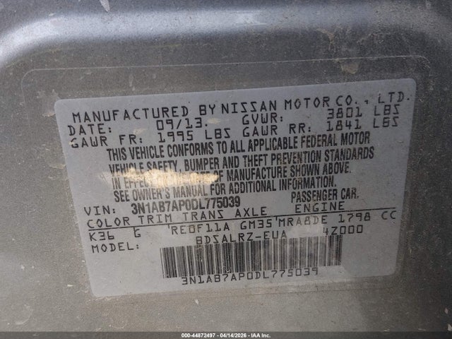 2013 Nissan Sentra Sr მანქანა იყიდება აუქციონზე, vin: 3N1AB7AP0DL775039, აუქციონის ნომერი: 44872497