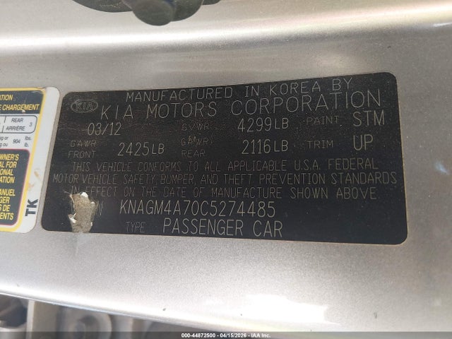 Aukcja sprzedaży 2012 Kia Optima Lx, vin: KNAGM4A70C5274485, numer aukcji: 44872500