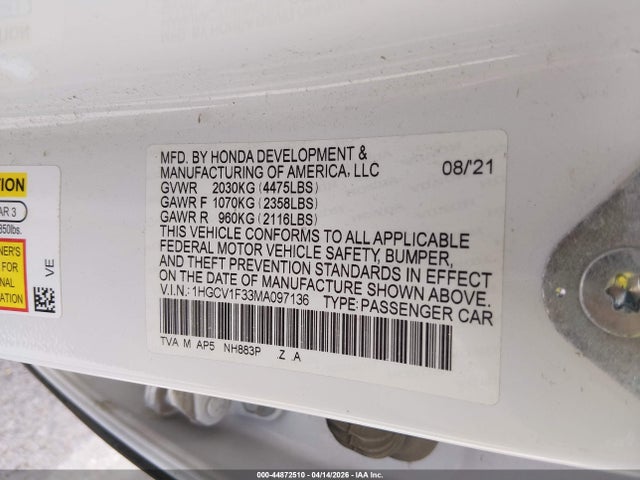 Aukcja sprzedaży 2021 Honda Accord Sport, vin: 1HGCV1F33MA097136, numer aukcji: 44872510