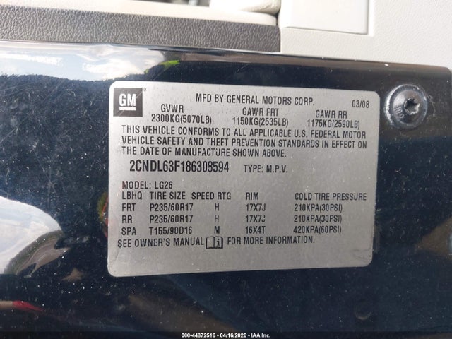 44872516 :رقم المزاد ، 2CNDL63F186308594 vin ، 2008 Chevrolet Equinox Lt مزاد بيع