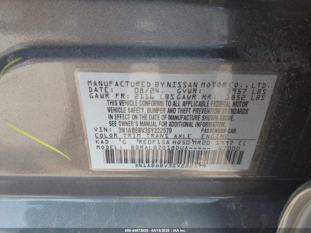 Aukcja sprzedaży 2025 Nissan Sentra S, vin: 3N1AB8BV3SY222579, numer aukcji: 44872525