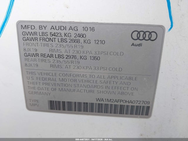 Продажа на аукционе авто 2017 Audi Q5 2.0t Premium, vin: WA1M2AFP0HA072709, номер лота: 44872531