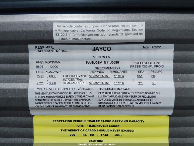 1UJBJ0BV1N11J0085 Jayco Bun40fkds