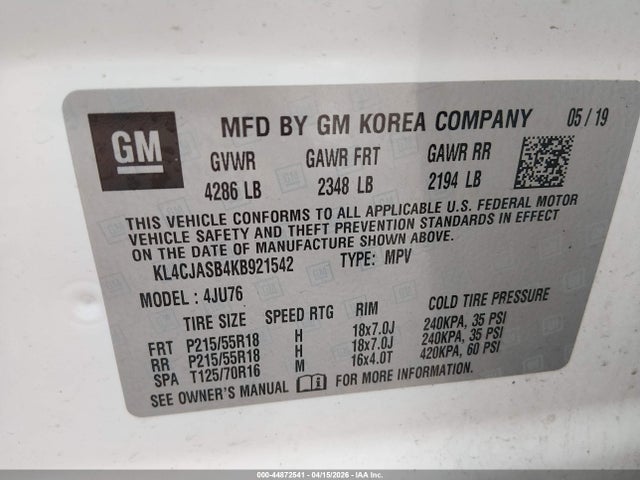 Aukcja sprzedaży 2019 Buick Encore Fwd Preferred, vin: KL4CJASB4KB921542, numer aukcji: 44872541