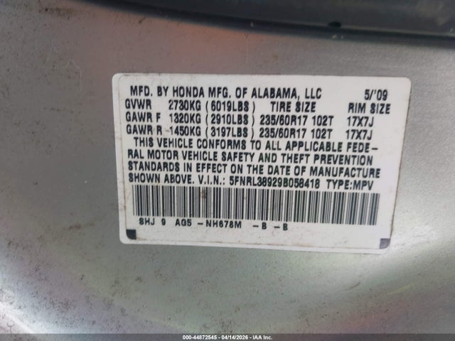 2009 HONDA ODYSSEY 5FNRL38929B058418 Photo 8