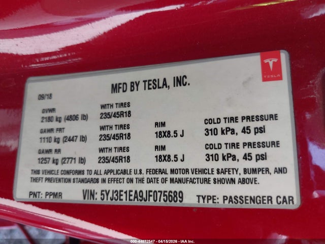 Aukcja sprzedaży 2018 Tesla Model 3 Long Range/mid Range, vin: 5YJ3E1EA9JF075689, numer aukcji: 44872547