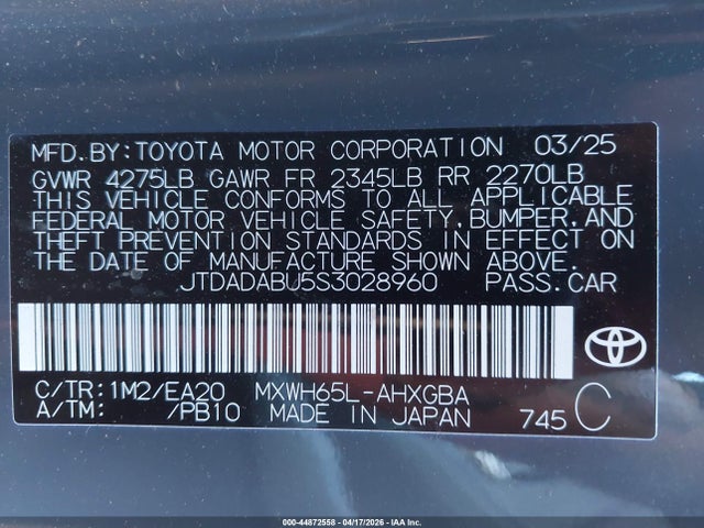 44872558 :رقم المزاد ، JTDADABU5S3028960 vin ، 2025 Toyota Prius Xle Awd-e مزاد بيع