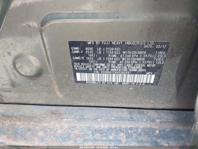 Aukcja sprzedaży 2017 Subaru Outback 2.5i Touring, vin: 4S4BSATC6H3353587, numer aukcji: 44872559