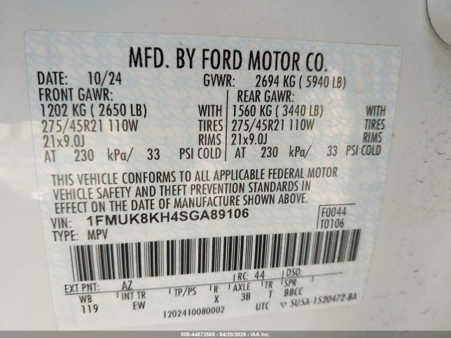 44872560 :رقم المزاد ، 1FMUK8KH4SGA89106 vin ، 2025 Ford Explorer St-line مزاد بيع