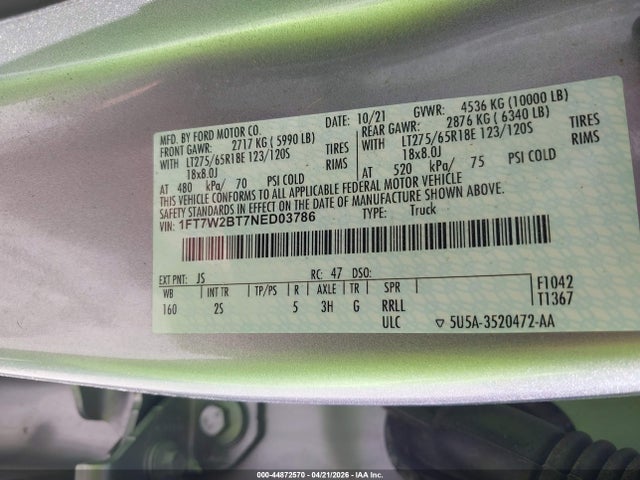 2022 Ford F-250 Xlt მანქანა იყიდება აუქციონზე, vin: 1FT7W2BT7NED03786, აუქციონის ნომერი: 44872570