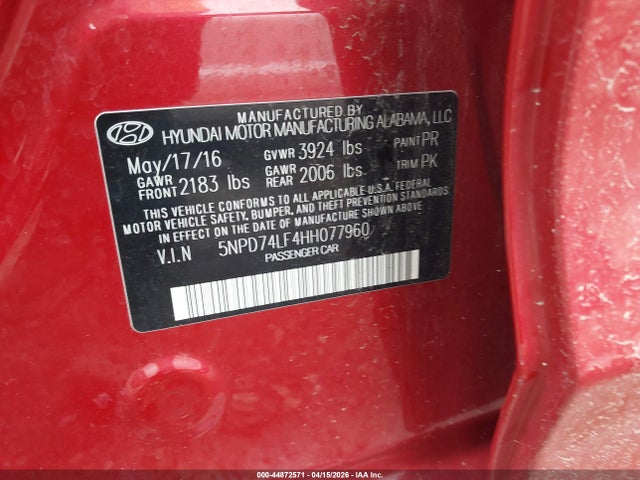 Aukcja sprzedaży 2017 Hyundai Elantra Se, vin: 5NPD74LF4HH077960, numer aukcji: 44872571