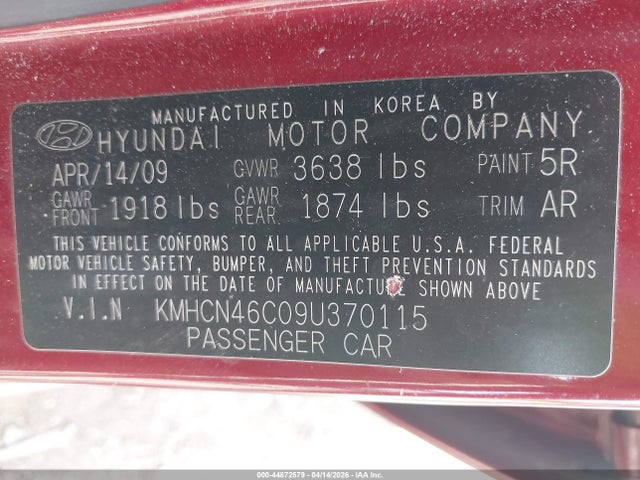 Продаж на аукціоні авто 2009 Hyundai Accent Gls, vin: KMHCN46C09U370115, номер лоту: 44872579