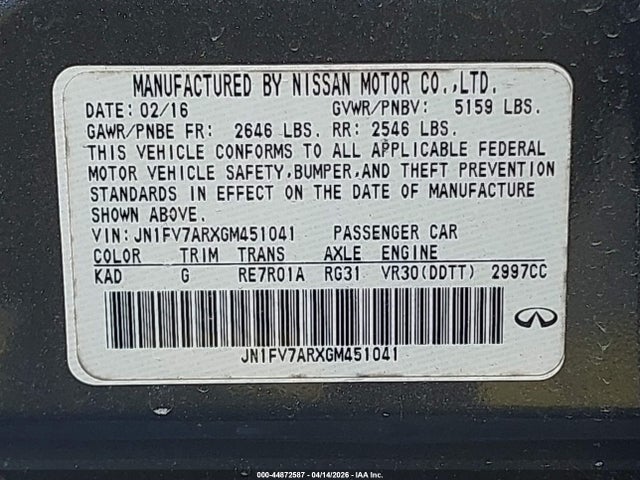 Aukcja sprzedaży 2016 Infiniti Q50 3.0t Red Sport 400, vin: JN1FV7ARXGM451041, numer aukcji: 44872587