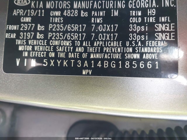 Aukcja sprzedaży 2011 Kia Sorento Lx, vin: 5XYKT3A14BG185661, numer aukcji: 44872595