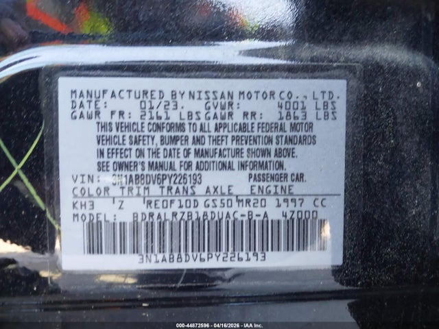 Продажа на аукционе авто 2023 Nissan Sentra Sr Xtronic Cvt, vin: 3N1AB8DV6PY226193, номер лота: 44872596