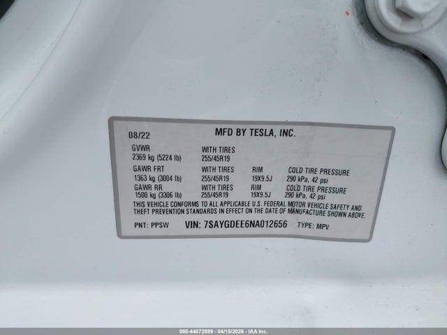 7SAYGDEE6NA012656 Tesla Model Y Long Range Dual Motor All-wheel Drive