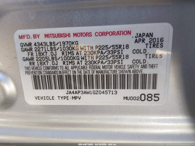 Aukcja sprzedaży 2016 Mitsubishi Outlander Sport 2.4 Es, vin: JA4AP3AW1GZ045713, numer aukcji: 44872605