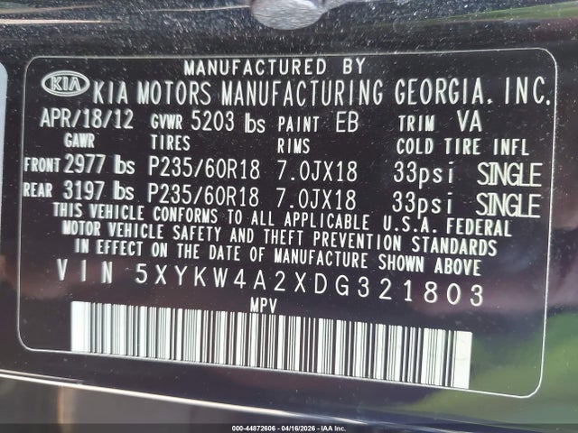 Продаж на аукціоні авто 2013 Kia Sorento Sx, vin: 5XYKW4A2XDG321803, номер лоту: 44872606