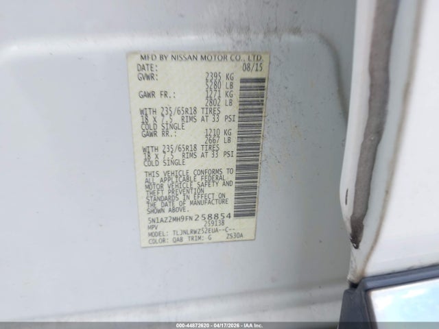 Продажа на аукционе авто 2015 Nissan Murano Sl, vin: 5N1AZ2MH9FN258854, номер лота: 44872620