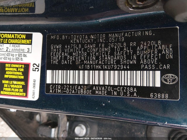 2019 Toyota Camry Se მანქანა იყიდება აუქციონზე, vin: 4T1B11HK1KU792944, აუქციონის ნომერი: 44872629
