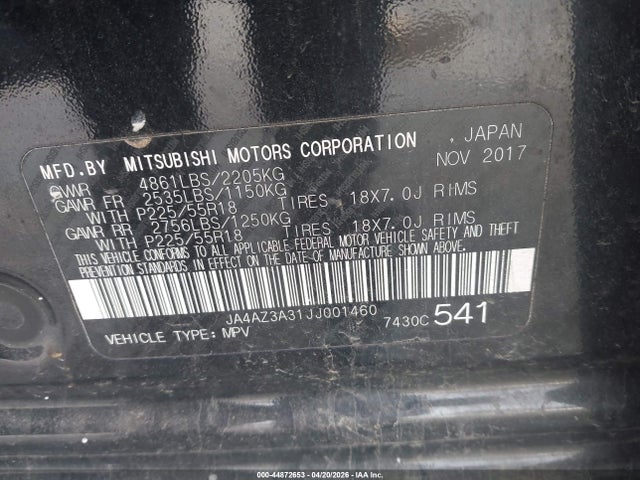 2018 Mitsubishi Outlander Es/le/se/sel მანქანა იყიდება აუქციონზე, vin: JA4AZ3A31JJ001460, აუქციონის ნომერი: 44872653
