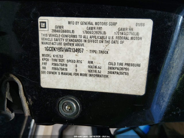 Aukcja sprzedaży 1998 Chevrolet K1500 Fleetside, vin: 1GCEK19R4WR134957, numer aukcji: 44872658
