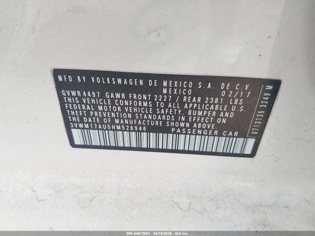 Aukcja sprzedaży 2017 Volkswagen Golf Alltrack Tsi S/tsi Se, vin: 3VWM17AU5HM526946, numer aukcji: 44872661