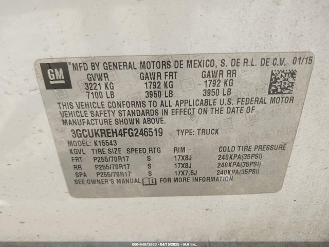 Продажа на аукционе авто 2015 Chevrolet Silverado 1500 1lt, vin: 3GCUKREH4FG246519, номер лота: 44872663