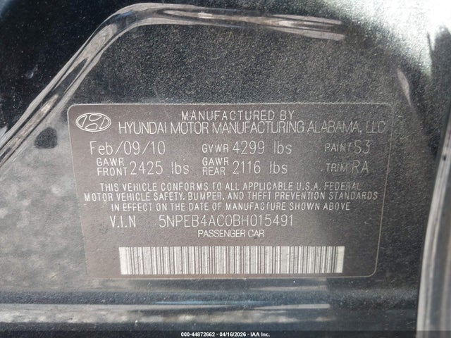 Aukcja sprzedaży 2011 Hyundai Sonata Gls, vin: 5NPEB4AC0BH015491, numer aukcji: 44872662