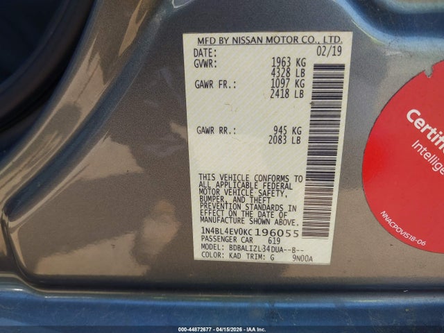 1N4BL4EV0KC196055 Nissan Altima 2.5 Sl