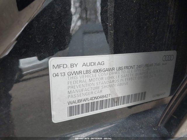 2013 Audi A4 2.0t Premium მანქანა იყიდება აუქციონზე, vin: WAUBFAFL4DN048427, აუქციონის ნომერი: 44872678