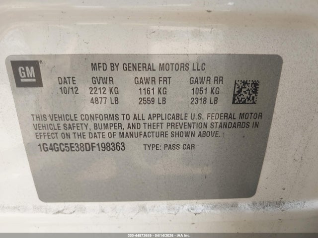 Aukcja sprzedaży 2013 Buick Lacrosse Leather Group, vin: 1G4GC5E38DF198363, numer aukcji: 44872689