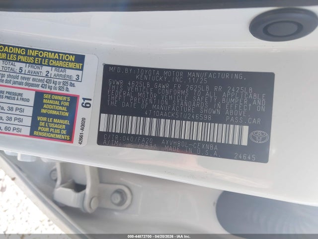 2026 Toyota Camry Le მანქანა იყიდება აუქციონზე, vin: 4T1DAACK5TU246598, აუქციონის ნომერი: 44872700