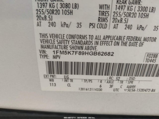 44872711 :رقم المزاد ، 1FM5K7F89HGB62682 vin ، 2017 Ford Explorer Limited مزاد بيع