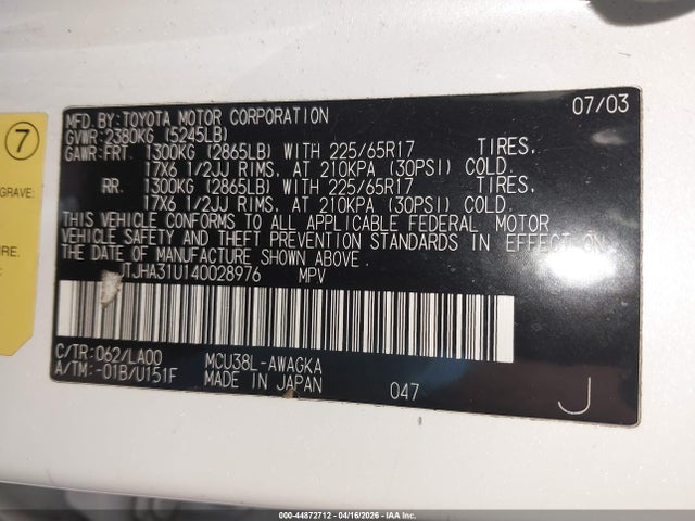 Продаж на аукціоні авто 2004 Lexus Rx 330, vin: JTJHA31U140028976, номер лоту: 44872712