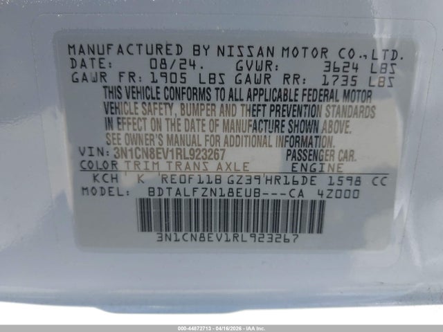 2024 Nissan Versa 1.6 Sv მანქანა იყიდება აუქციონზე, vin: 3N1CN8EV1RL923267, აუქციონის ნომერი: 44872713