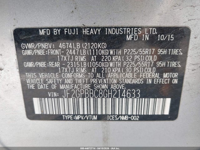 Продаж на аукціоні авто 2016 Subaru Crosstrek Hybrid, vin: JF2GPBBC8GH214633, номер лоту: 44872714