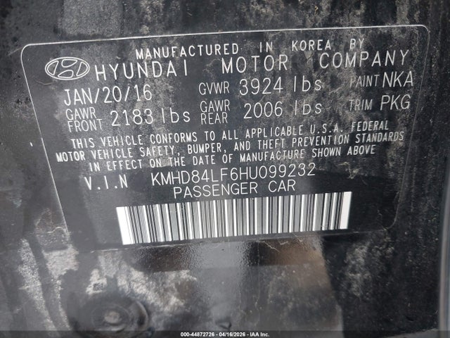 Aukcja sprzedaży 2017 Hyundai Elantra Se, vin: KMHD84LF6HU099232, numer aukcji: 44872726