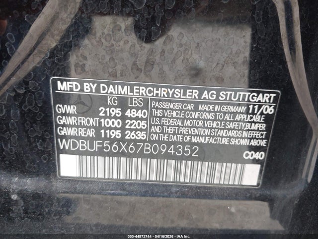 2007 Mercedes-benz E 350 მანქანა იყიდება აუქციონზე, vin: WDBUF56X67B094352, აუქციონის ნომერი: 44872744