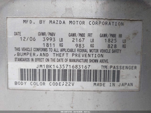 Aukcja sprzedaży 2007 Mazda Mazda3 S Sport, vin: JM1BK143571683167, numer aukcji: 44872745