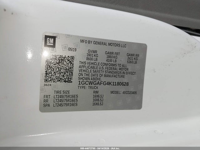 Продажа на аукционе авто 2019 Chevrolet Express 2500 Work Van, vin: 1GCWGAFG4K1180628, номер лота: 44872780
