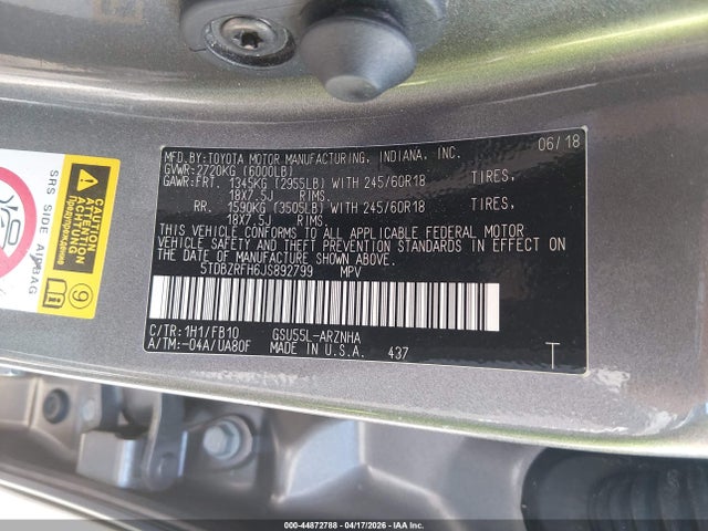 Aukcja sprzedaży 2018 Toyota Highlander Le, vin: 5TDBZRFH6JS892799, numer aukcji: 44872788